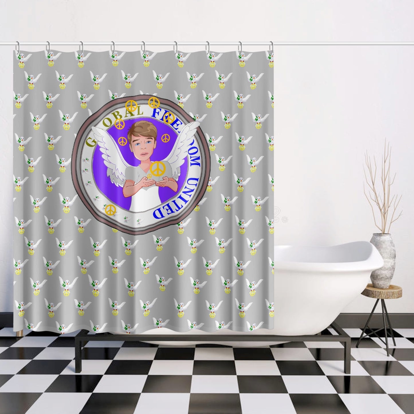 Quick-drying Shower Curtain GLOBAL FREEDOM UNITED MEN ANGEL OF PEACE GREY