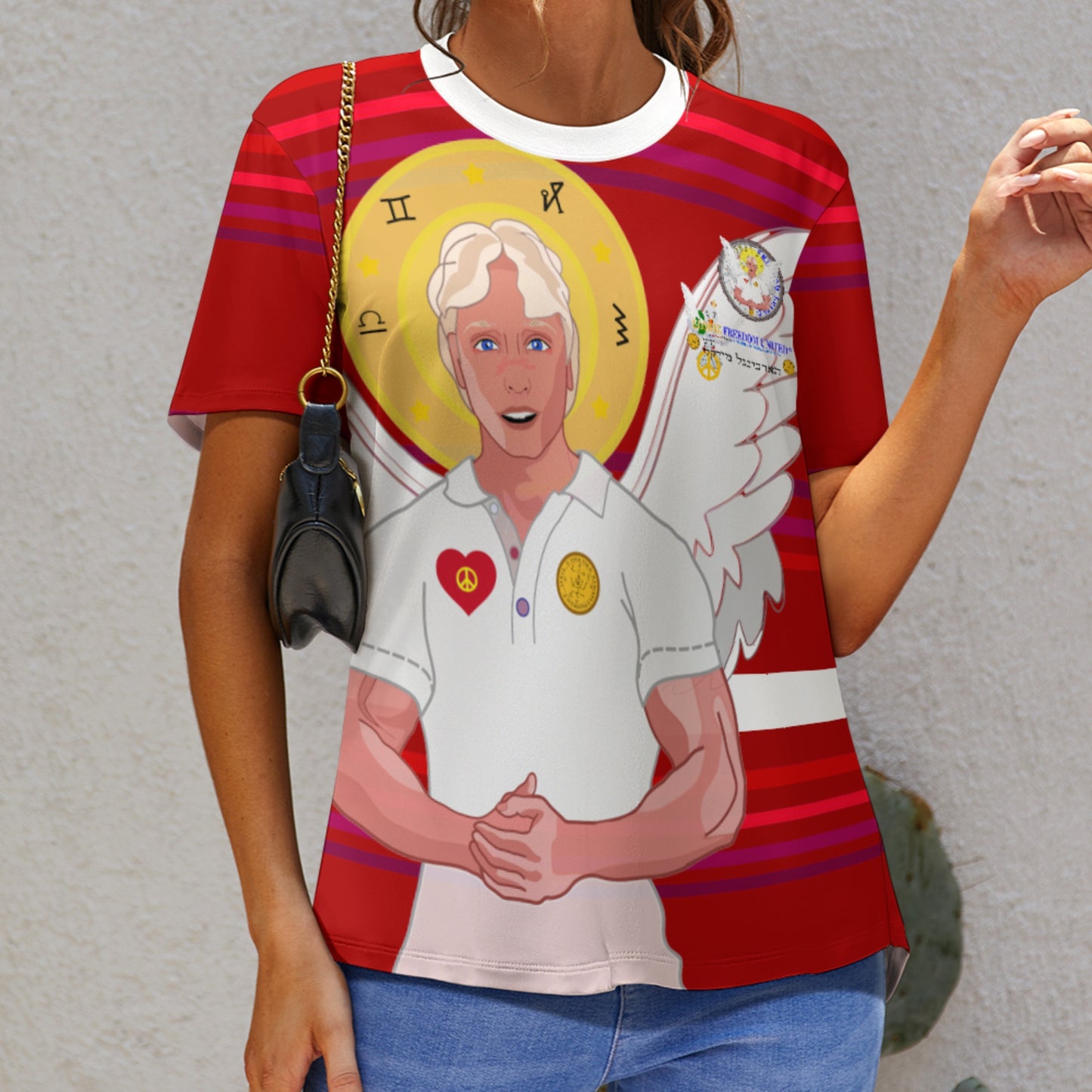 Women´s T-shirt 2 Global Freedom United Archangel Michael Hebrew  Red