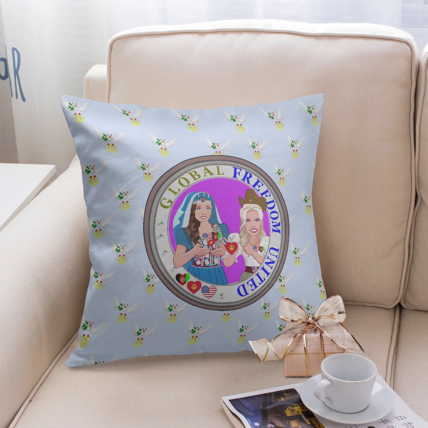 GLOBAL FREEDOM UNITED©  Women AFGHANISTAN & USA LIGHT BLUE 18'' Square Pillow Cover