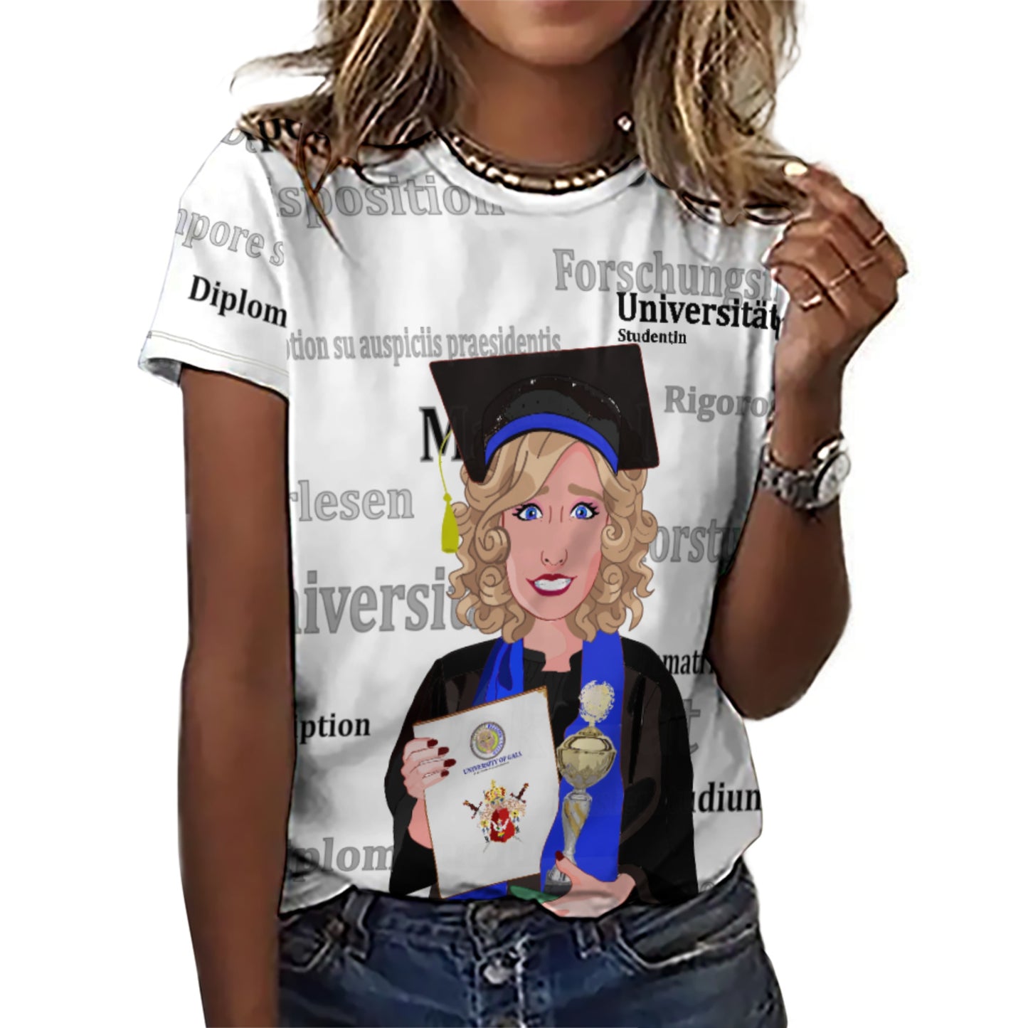 Women´s T-shirt Global Freedom United Student Girl Gold Place Blond Hair