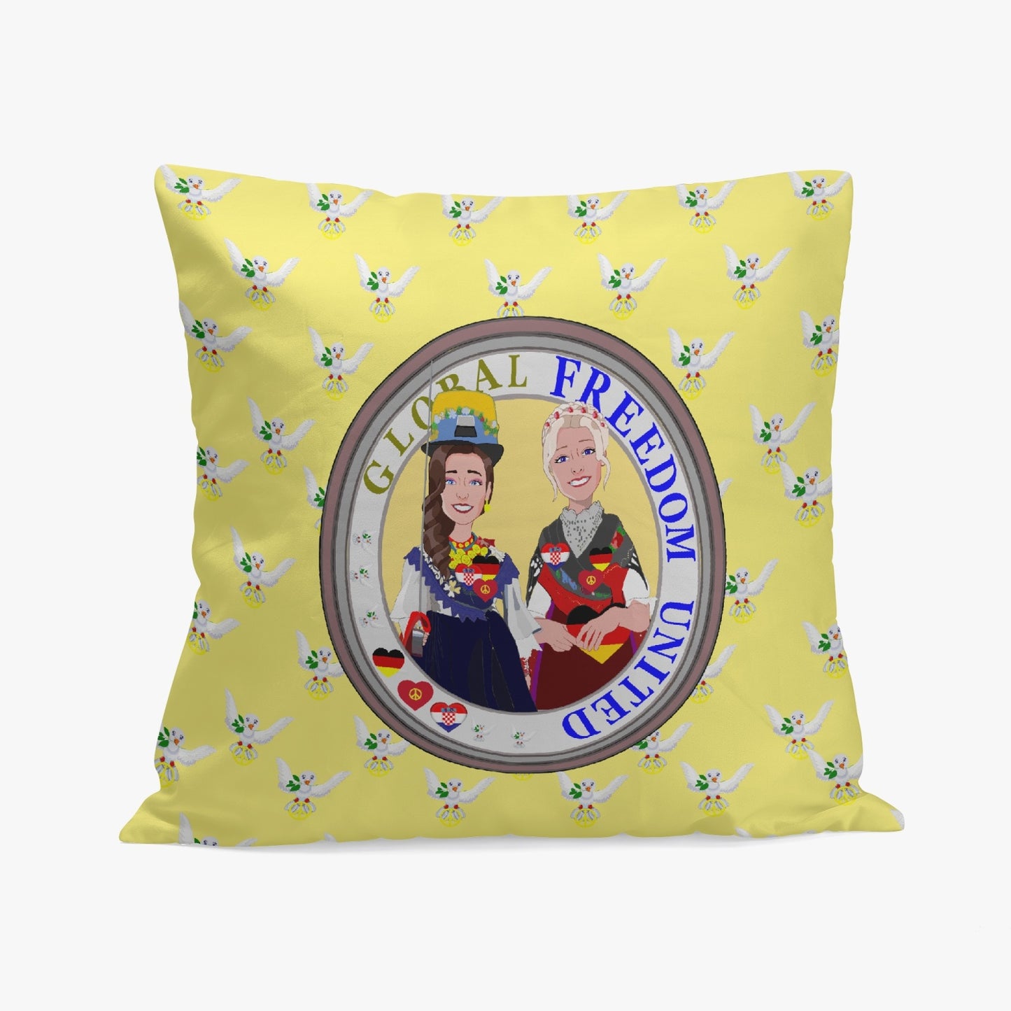GLOBAL FREEDOM UNITED© Women CROATIA & GERMANY YELLOW V1 18'' Square Pillow Cover