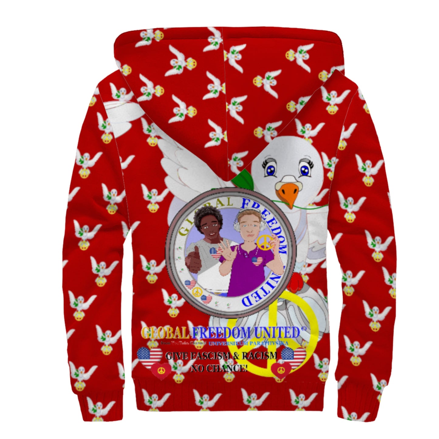 Plush Hoodie GLOBAL FREEDOM UNITED© Men Anti Fascism & Racism USA Red