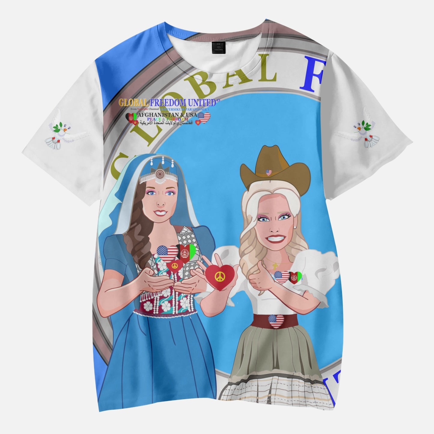 GLOBAL FREEDOM UNITED© Girl AFGHANISTAN & USA  BLUE AOP Kids' Short T-Shirts