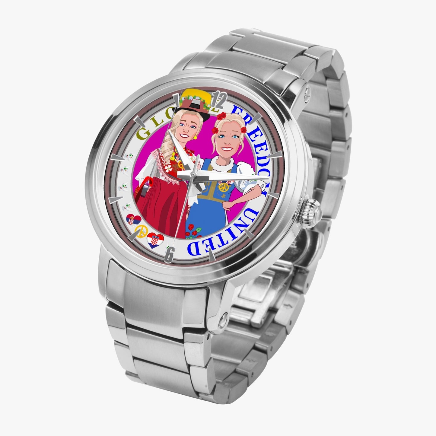 GLOBAL FREEDOM UNITED WOMEN CROATIA & SERBIA OLD PEACE VERSION 2  New Steel Strap Automatic Watch (With Indicators)