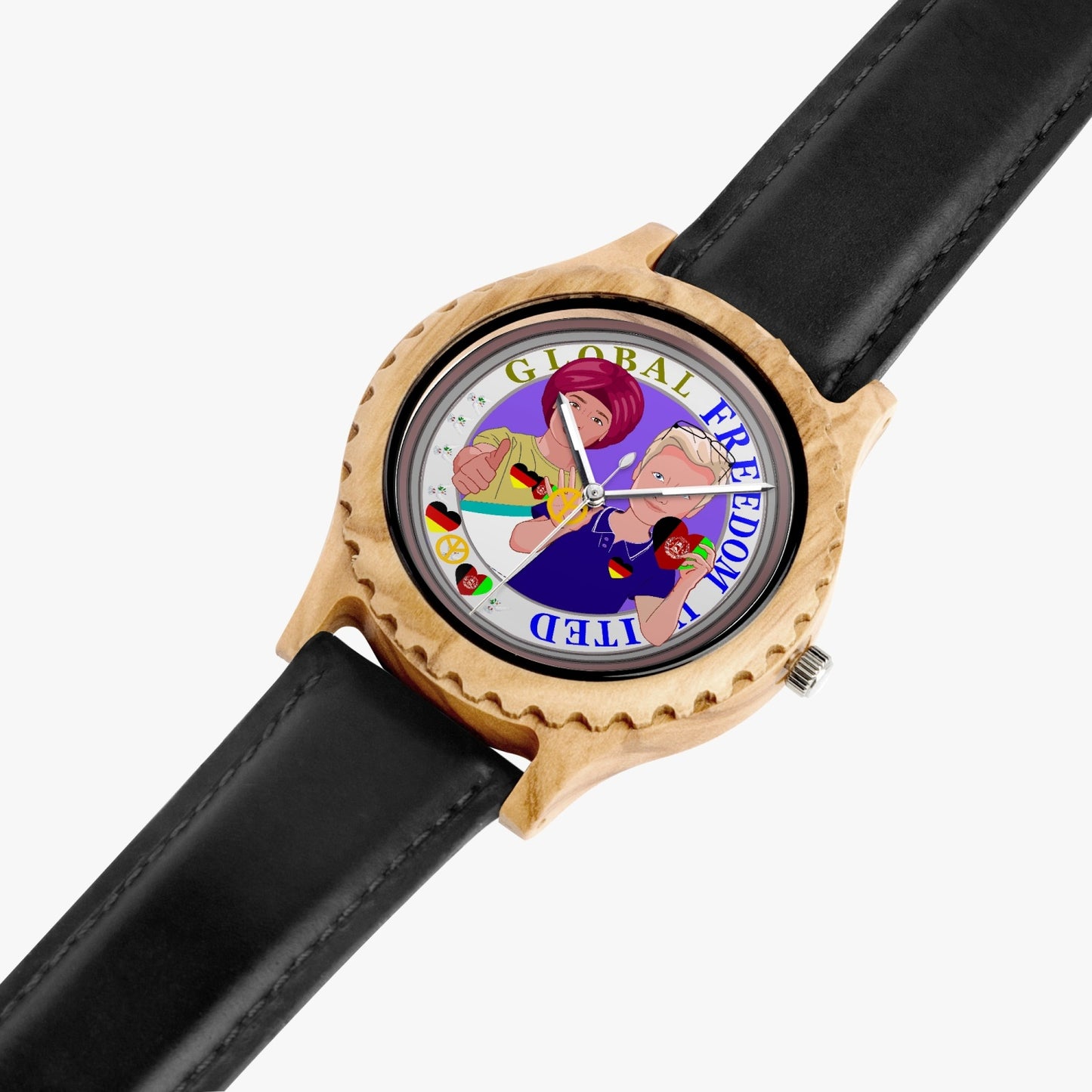 GLOBAL FREEDOM UNITED MEN AFGHANISTAN & GERMANY NEW PEACE Italian Olive Lumber Wooden Watch - Leather Strap
