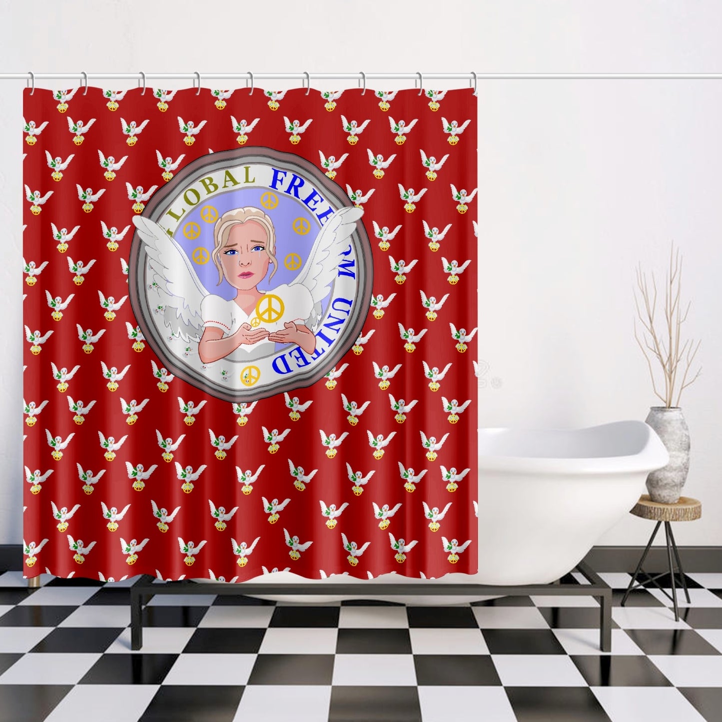 Quick-drying Shower Curtain GLOBAL FREEDOM UNITED WOMEN ANGEL OF PEACE RED