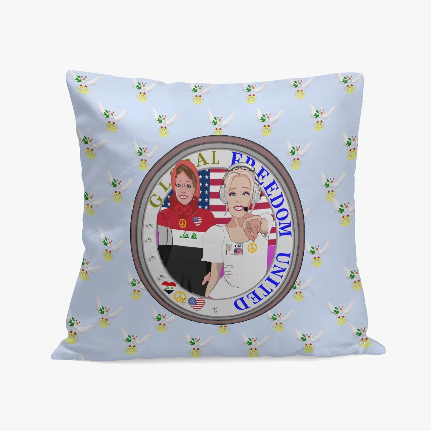 GLOBAL FREEDOM UNITED© Women IRAQ & USA LIGHT BLUE 18'' Square Pillow Cover