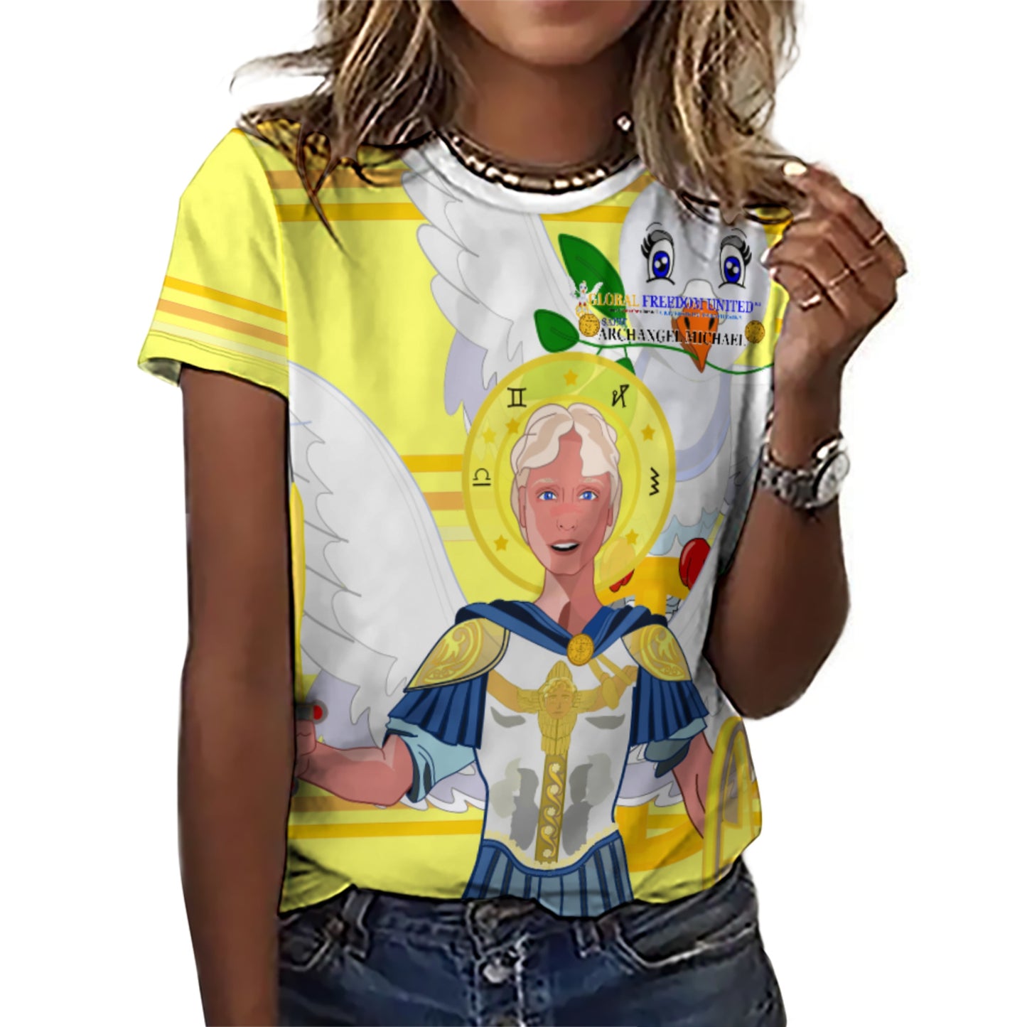 Women´s T-shirt 3 Global Freedom United Archangel Michael English V1 Yellow