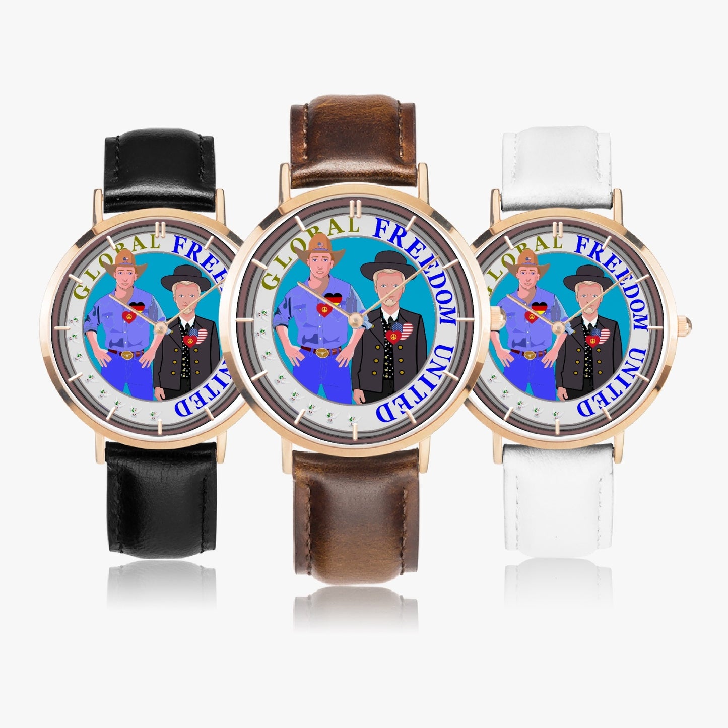 Hot Selling Ultra-Thin Leather Strap Quartz Watch (Rose Gold With Indicators) GLOBAL FREEDOM UNITED MEN USA & GERMANY OLD PEACE