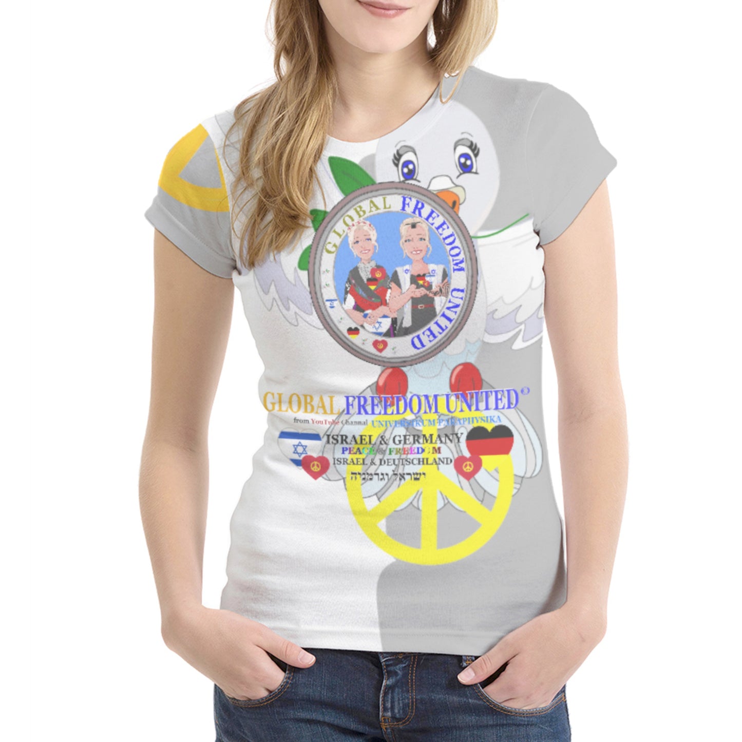 Women´s T-shirt GLOBAL FREEDOM UNITED© Israel & Germany Old Peace Version 1 Grey