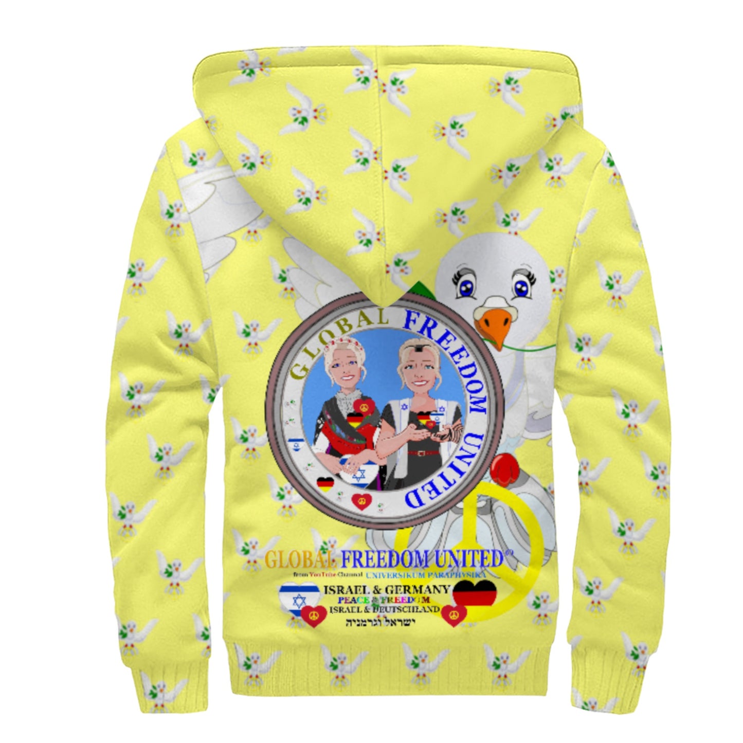 Plush Hoodie GLOBAL FREEDOM UNITED© Women Israel & Germany Old Peace Yellow