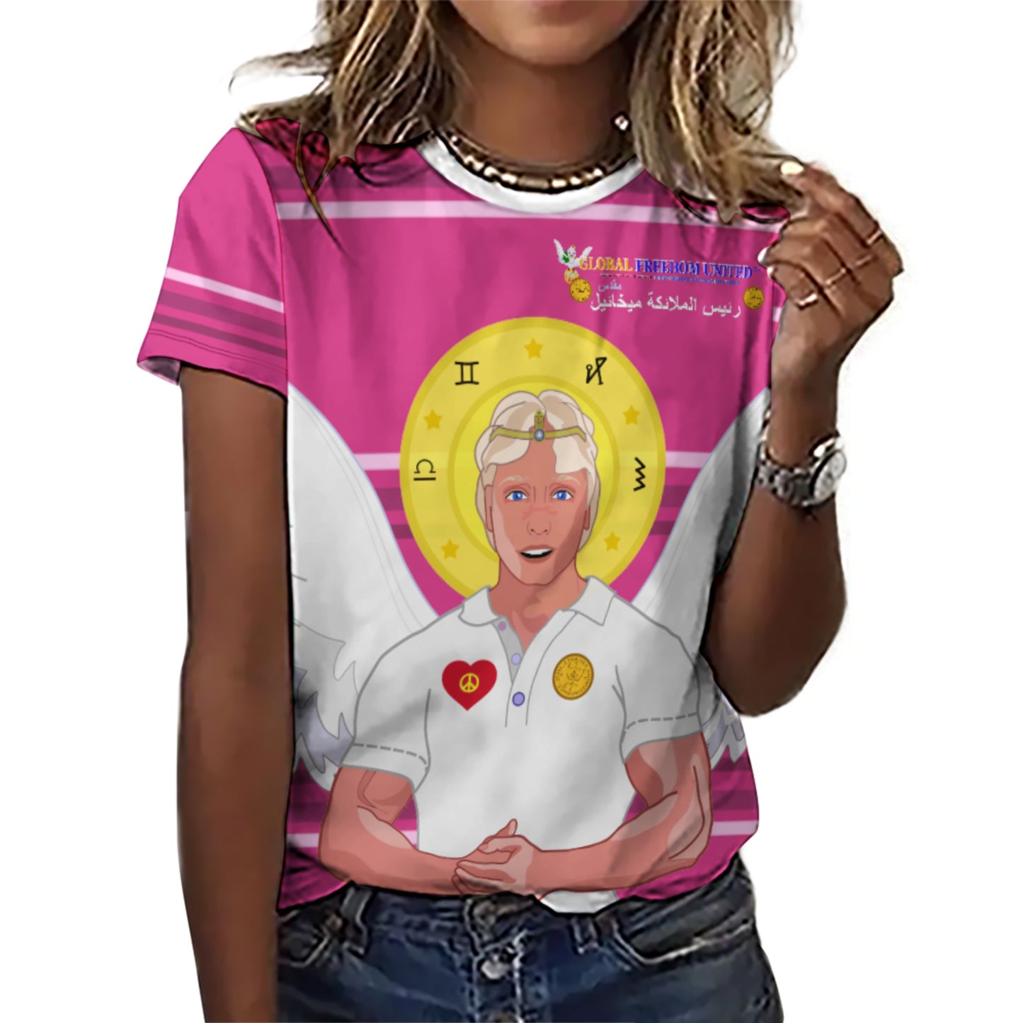 Women´s T-shirt Global Freedom United Archangel Michael Arabic V2 Pink1