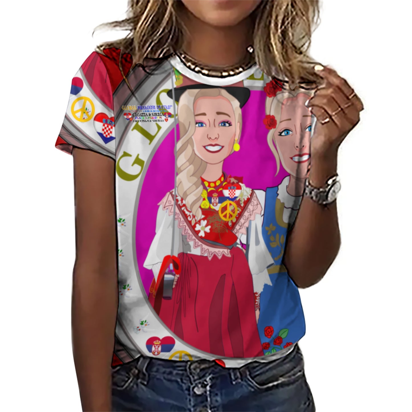Women´s T-shirt 2 GLOBAL FREEDOM UNITED© Women Croatia & Serbia Blondi Red