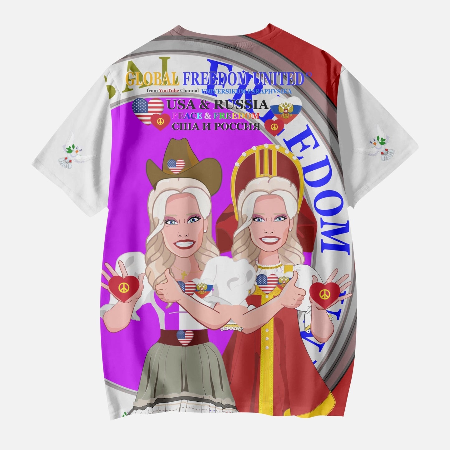GLOBAL FREEDOM UNITED GIRLS USA & RUSSIA OLD PEACE RED AOP Kids' Short T-Shirts