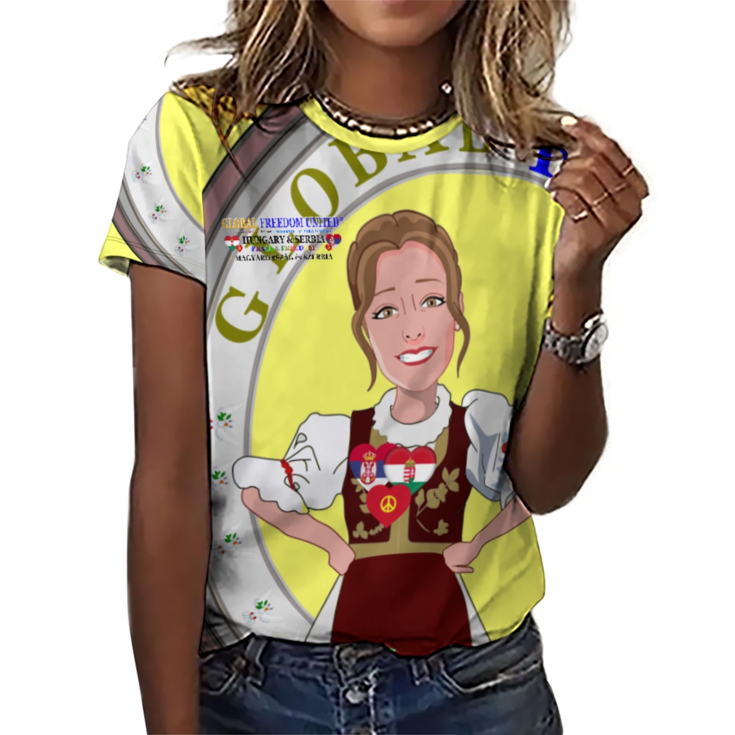 Women´s T-shirt 2 GLOBAL FREEDOM UNITED© Serbia & Hungary Yellow