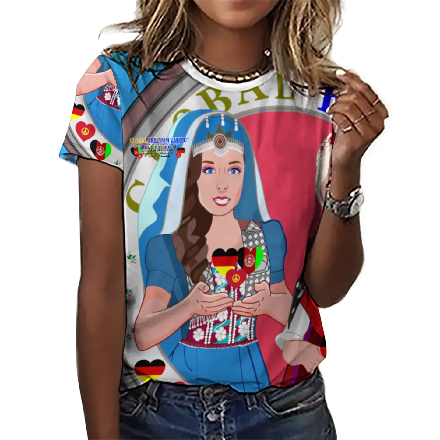 Full Print T-shirt Global Freedom United Women Afghanistan & Germany Old Peace Blue