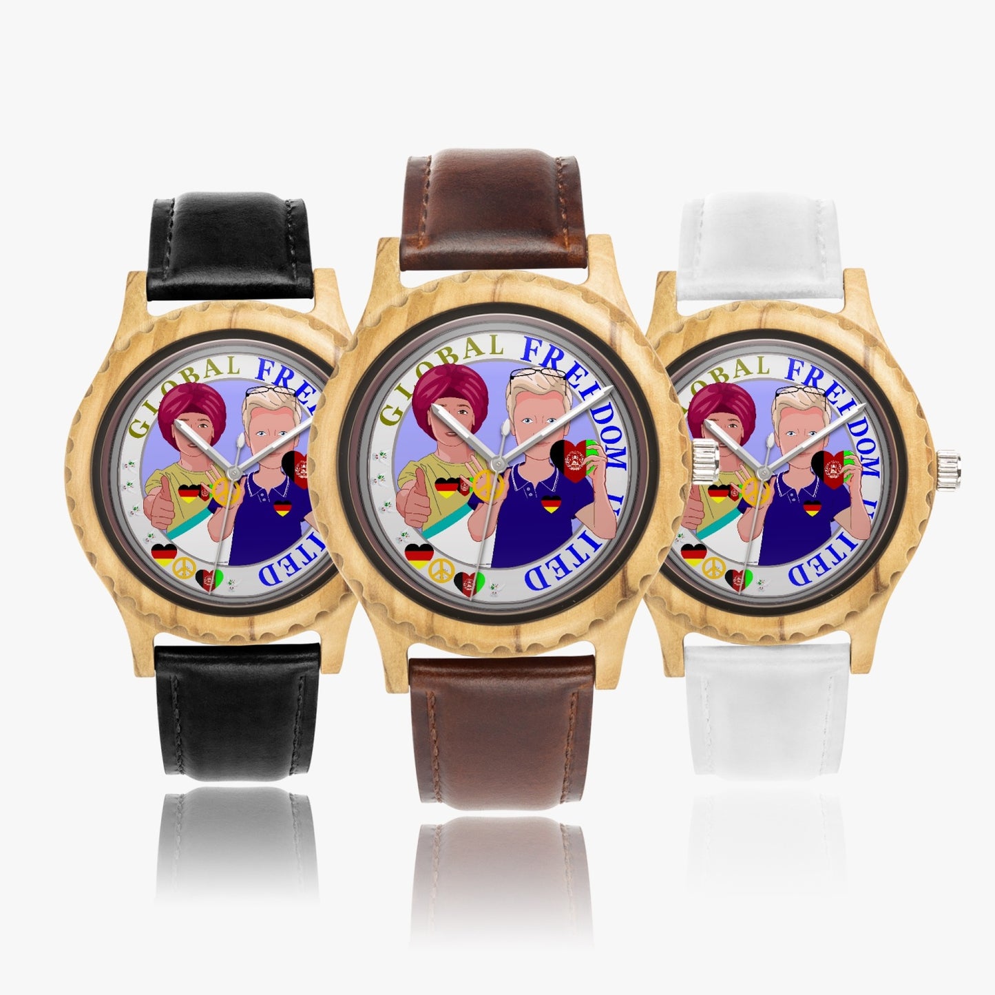 GLOBAL FREEDOM UNITED© Men AFGHANISTAN & GERMANY - Italian Olive Lumber Wooden Watch - Leather Strap