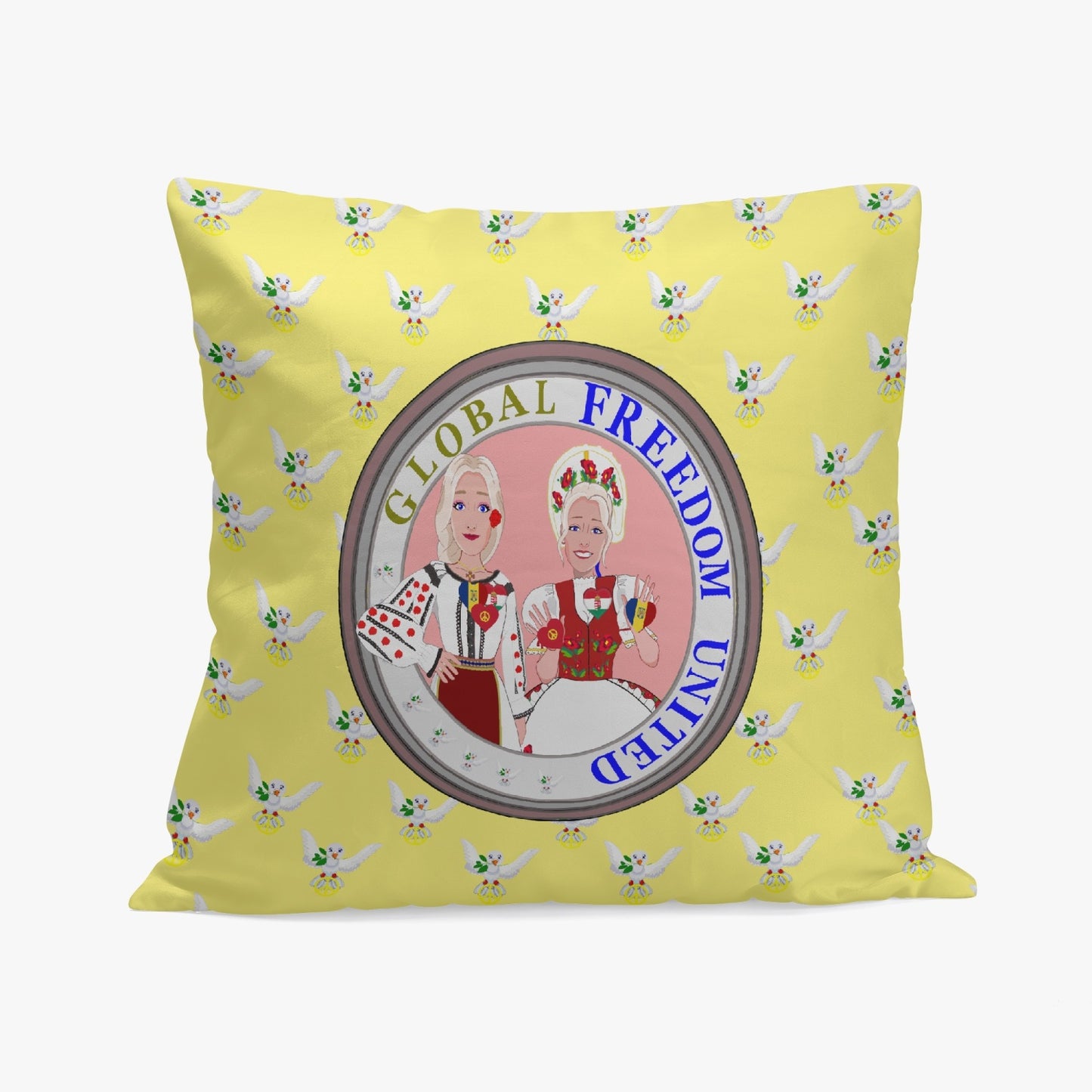 GLOBAL FREEDOM UNITED WOMEN ROMANIA & HUNGARY OLD PEACE YELLOW V1 18'' Square Pillow Cover