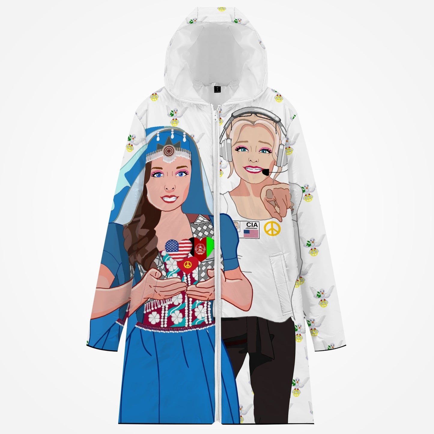 GLOBAL FREEDOM UNITED© Women AFGHANISTAN & USA  WIGHT Long Type Cotton-pad Zipper-up Hoodie