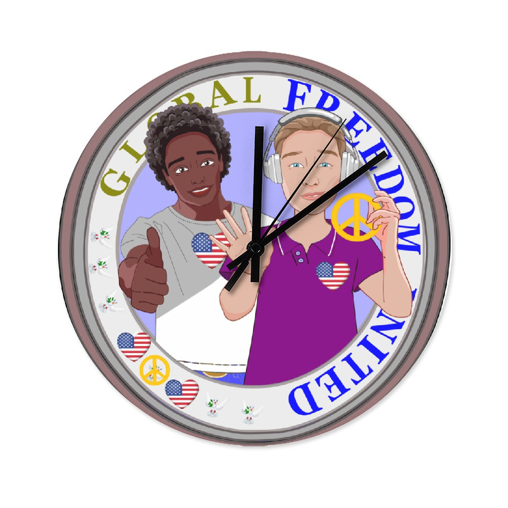 Wooden Wall Clock Without Scale GLOBAL FREEDOM UNITED© Men Anti Fasism & Rasism USA