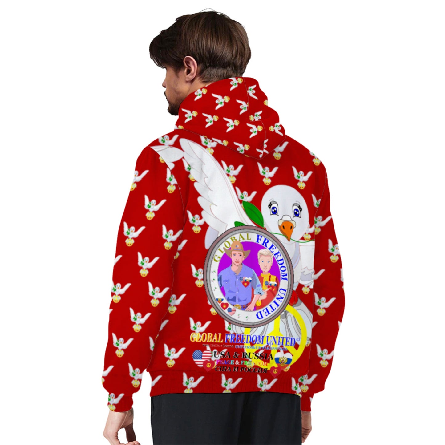 Plush Hoodie GLOBAL FREEDOM UNITED© Men Russia & USA Red