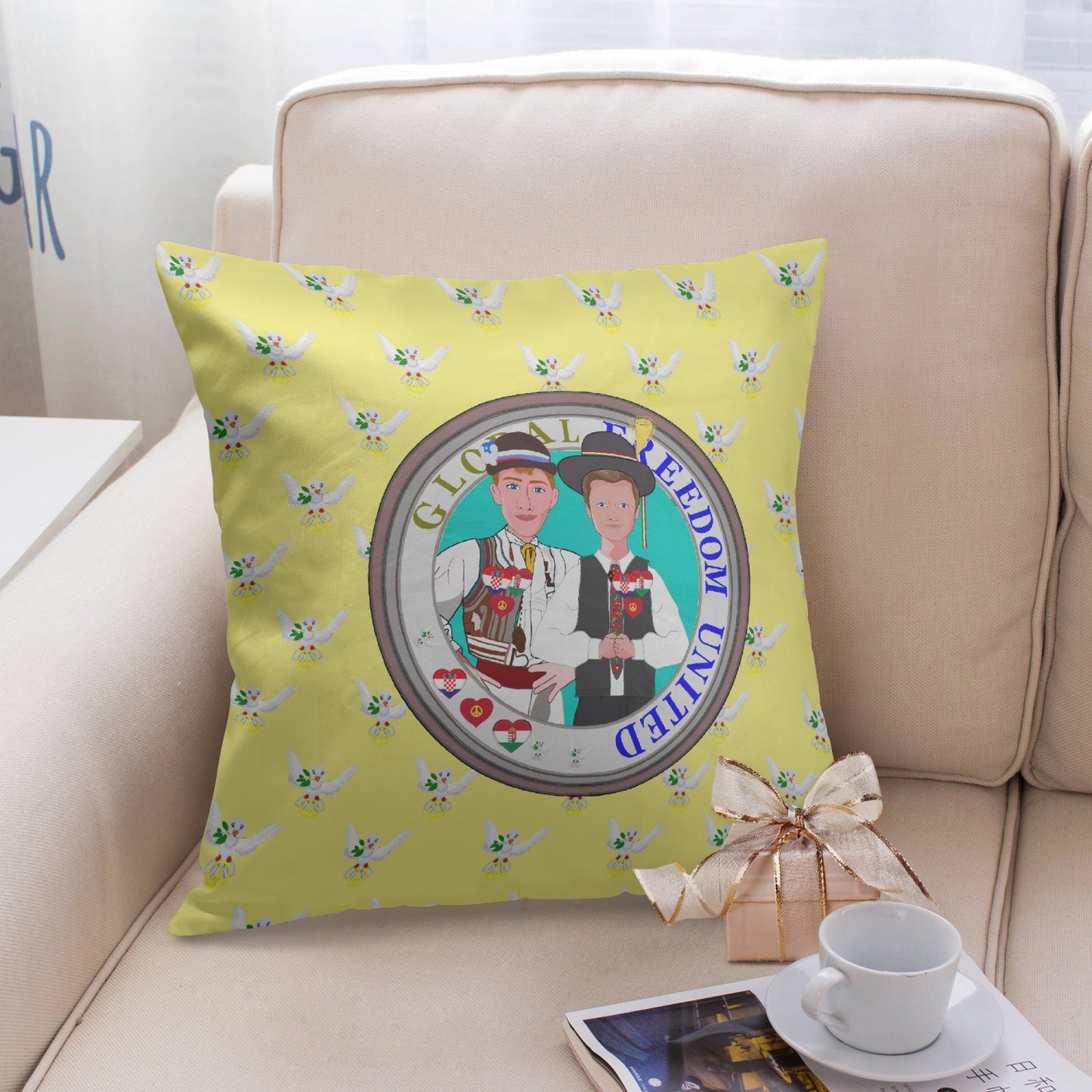 GLOBAL FREEDOM UNITED© Men CROATIA & HUNGARY Yellow 18'' Square Pillow Cover