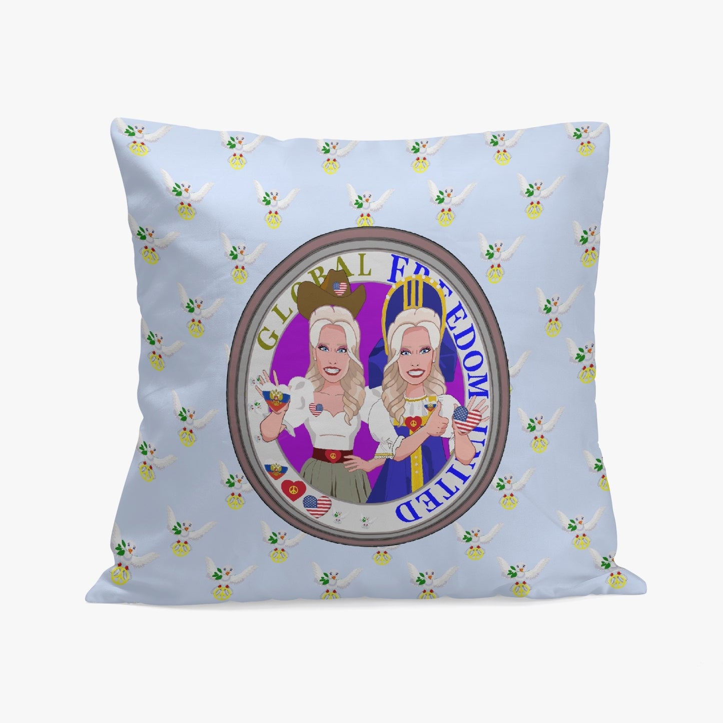 GLOBAL FREEDOM UNITED© Women RUSSIA & USA LIGHT BLUE 18'' Square Pillow Cover