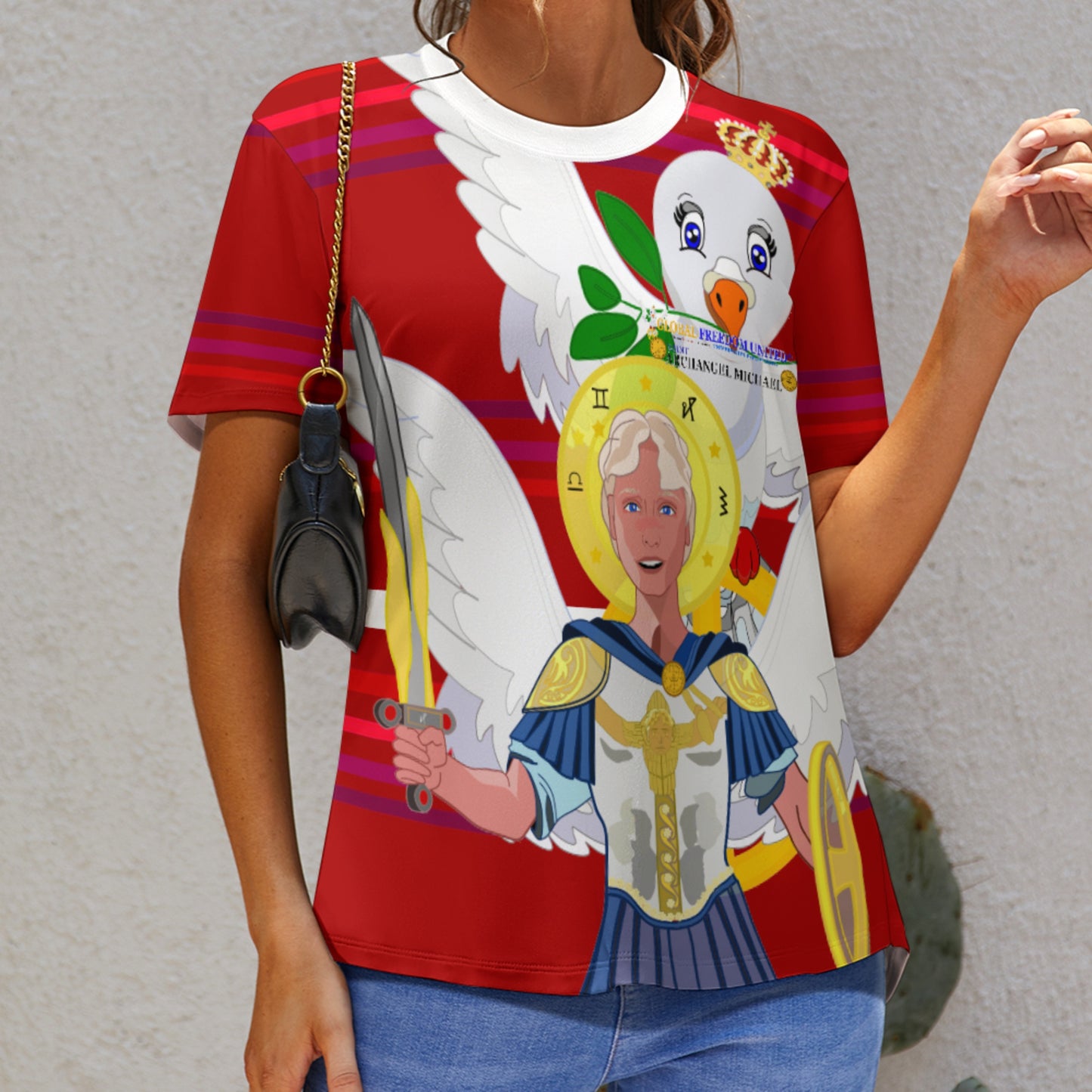 Women´s T-shirt 3 Global Freedom United Archangel Michael English V1 Red