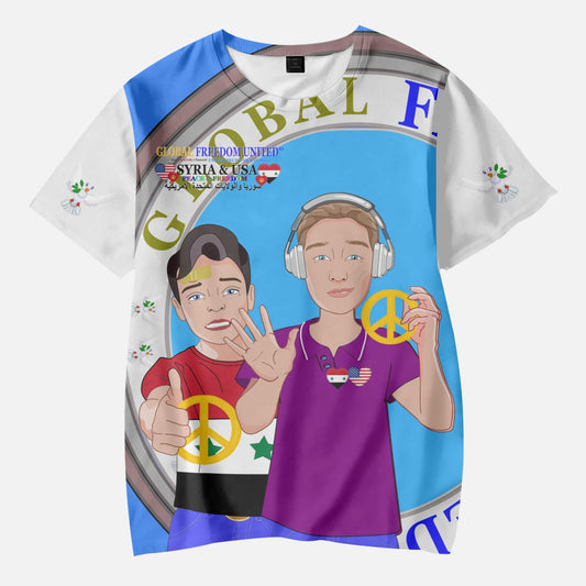 GLOBAL FREEDOM UNITED BOYS SYRIA & USA OLD PEACE BLUE AOP Kids' Short T-Shirts