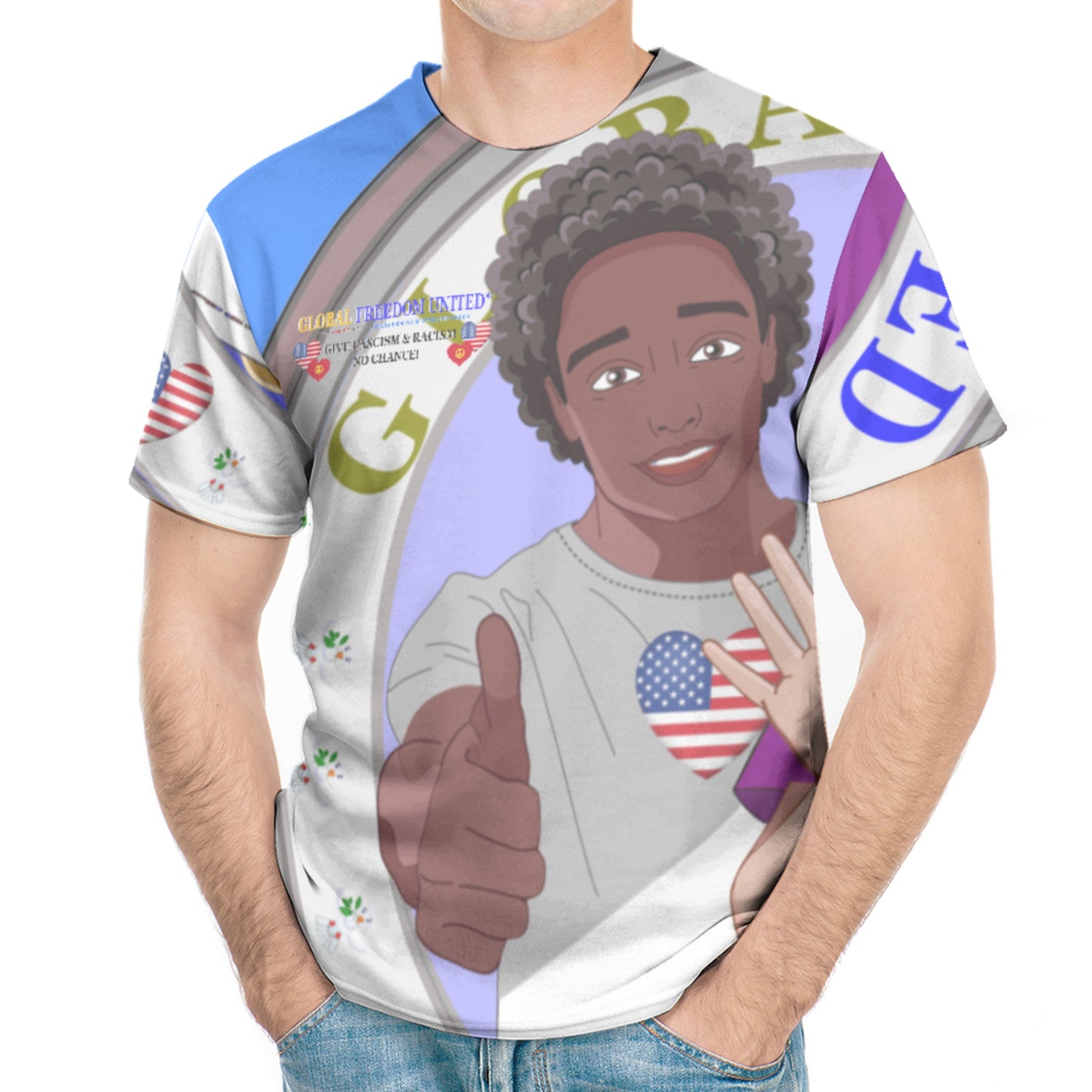 Men´s T-shirt GLOBAL FREEDOM UNITED© Men Anti Fascism & Racism USA  Blue
