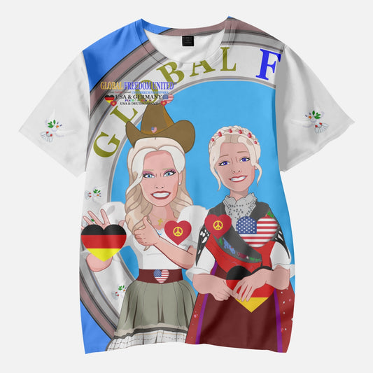 GLOBAL FREEDOM UNITED GIRLS USA & GERMANY OLD PEACE BLUE AOP Kids' Short T-Shirts