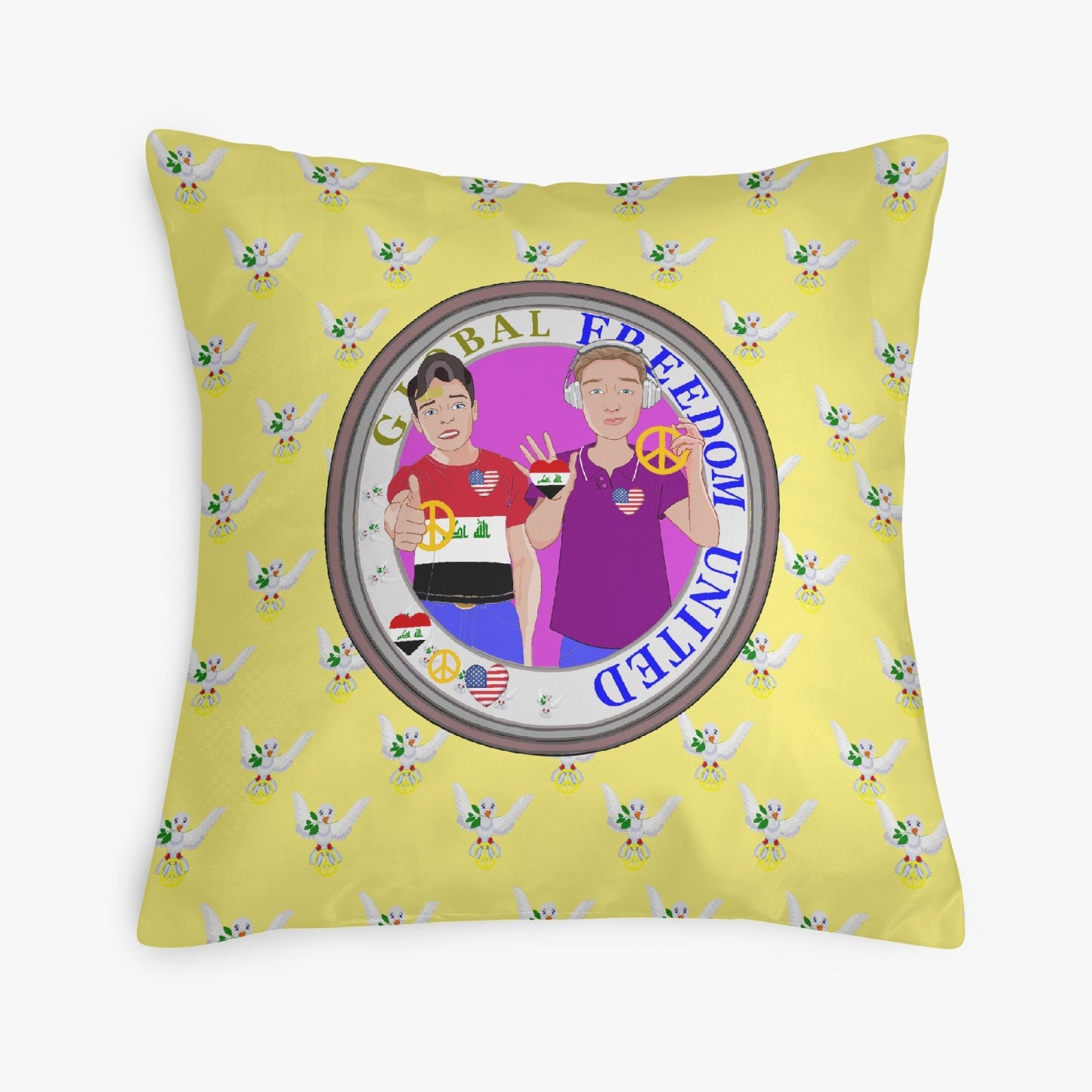 GLOBAL FREEDOM UNITED© Men IRAQ & USA YELLOW 18'' Square Pillow Cover