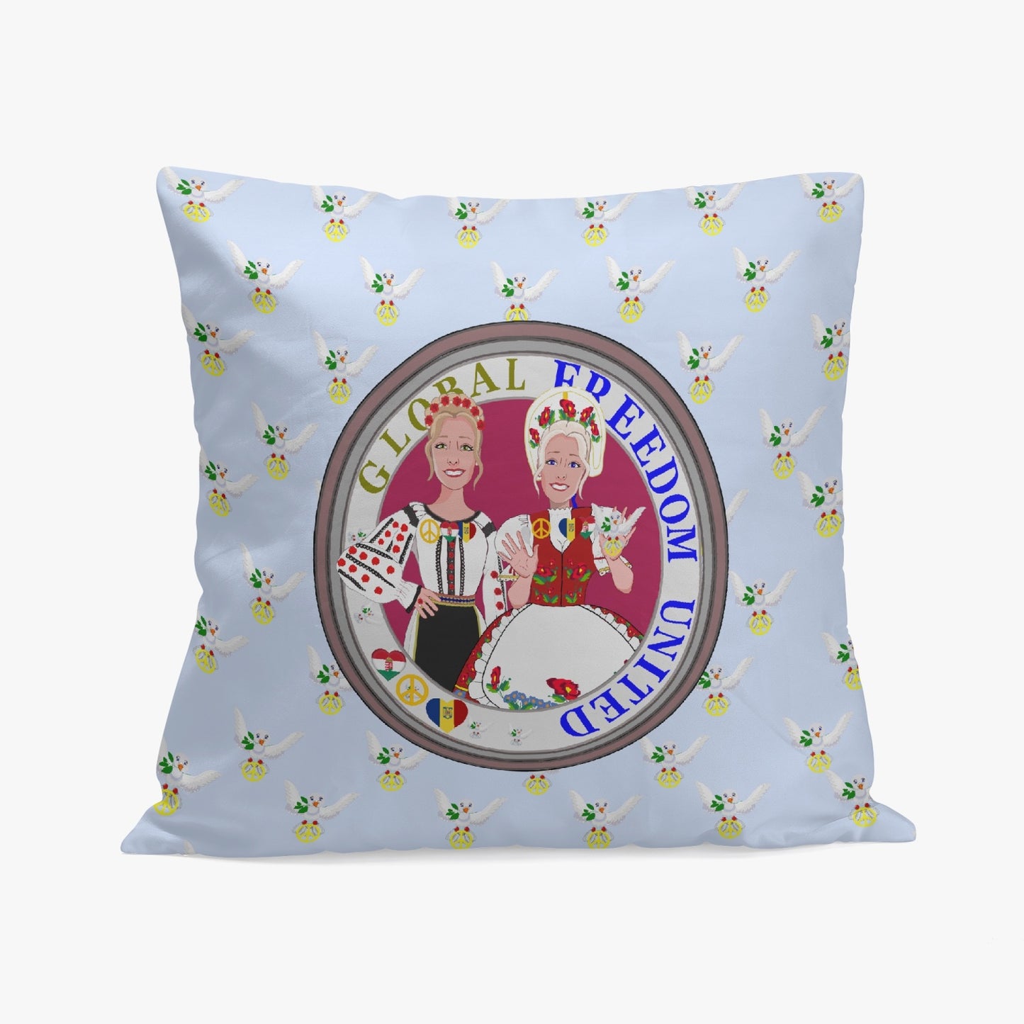 GLOBAL FREEDOM UNITED© Women ROMANIA & HUNGARY Light Blue V2 18'' Square Pillow Cover
