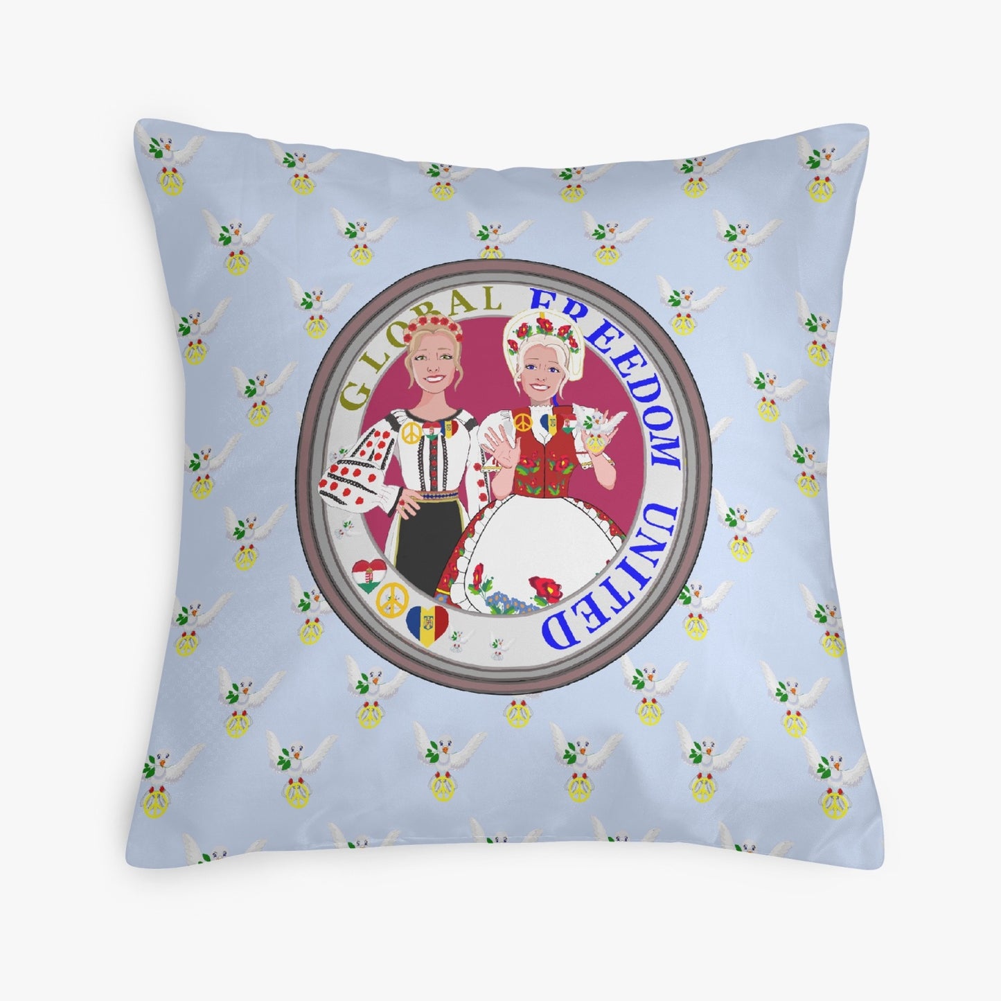 GLOBAL FREEDOM UNITED© Women ROMANIA & HUNGARY Light Blue V2 18'' Square Pillow Cover