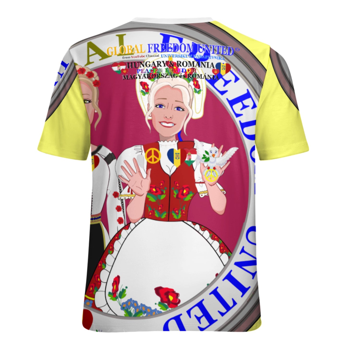 Full Print T-shirt 3 GLOBAL FREEDOM UNITED© Women Romania & Hungary Yellow
