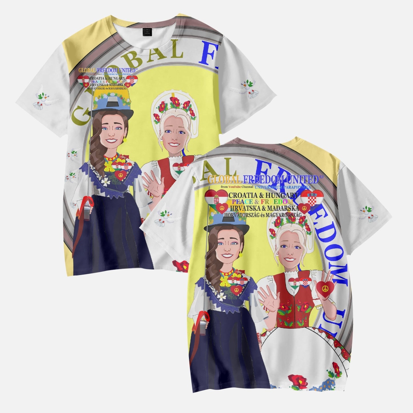 GLOBAL FREEDOM UNITED© Girl Croatia & Hungary YELLOW AOP Kids' Short T-Shirts