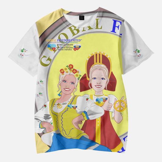 GLOBAL FREEDOM UNITED GIRLS UKRAINA & RUSSIA OLD PEACE YELLOW AOP Kids' Short T-Shirts