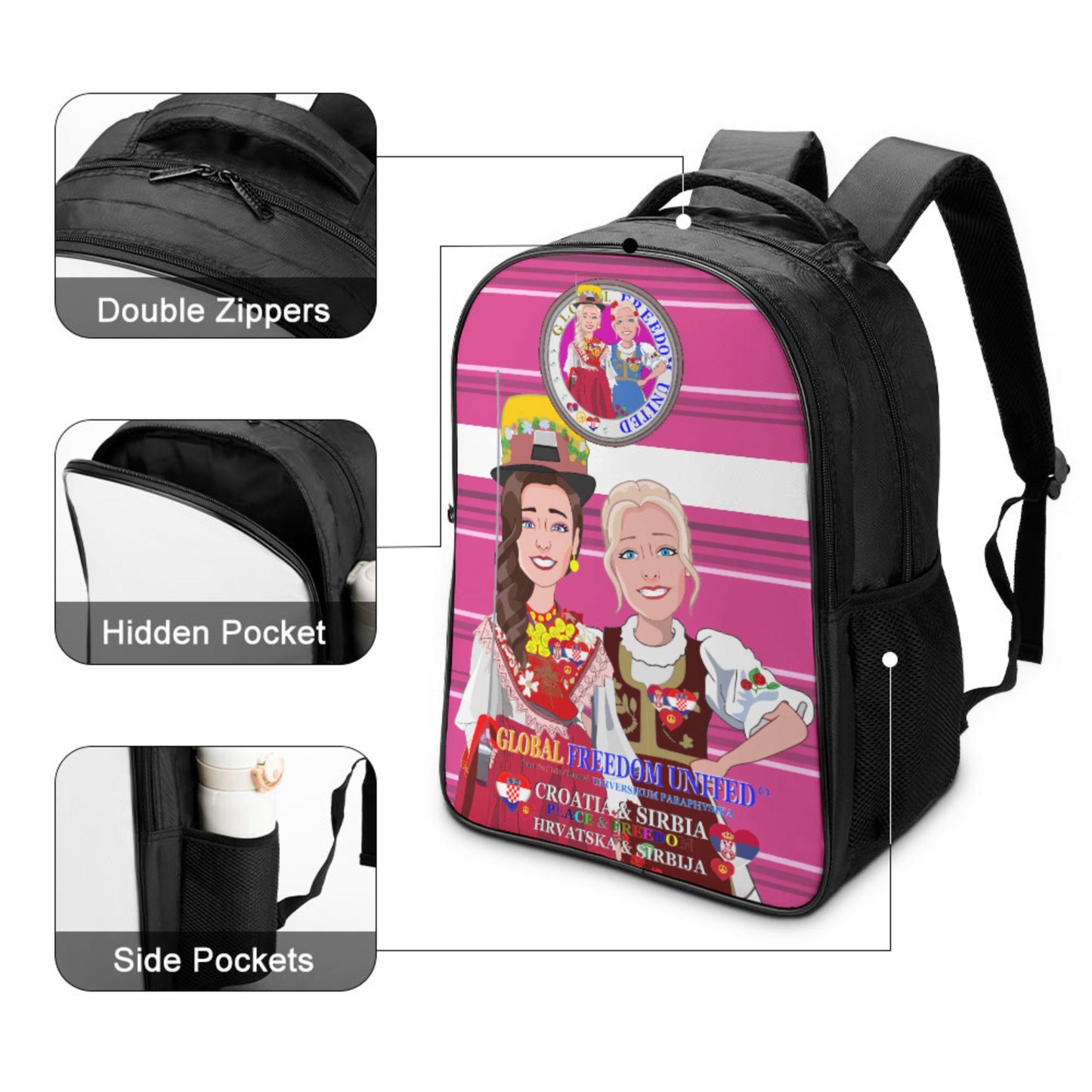 16 Inch 2 Compartment Backpack GLOBAL FREEDOM UNITED© Women Croatia & Serbia Old Peace Pink