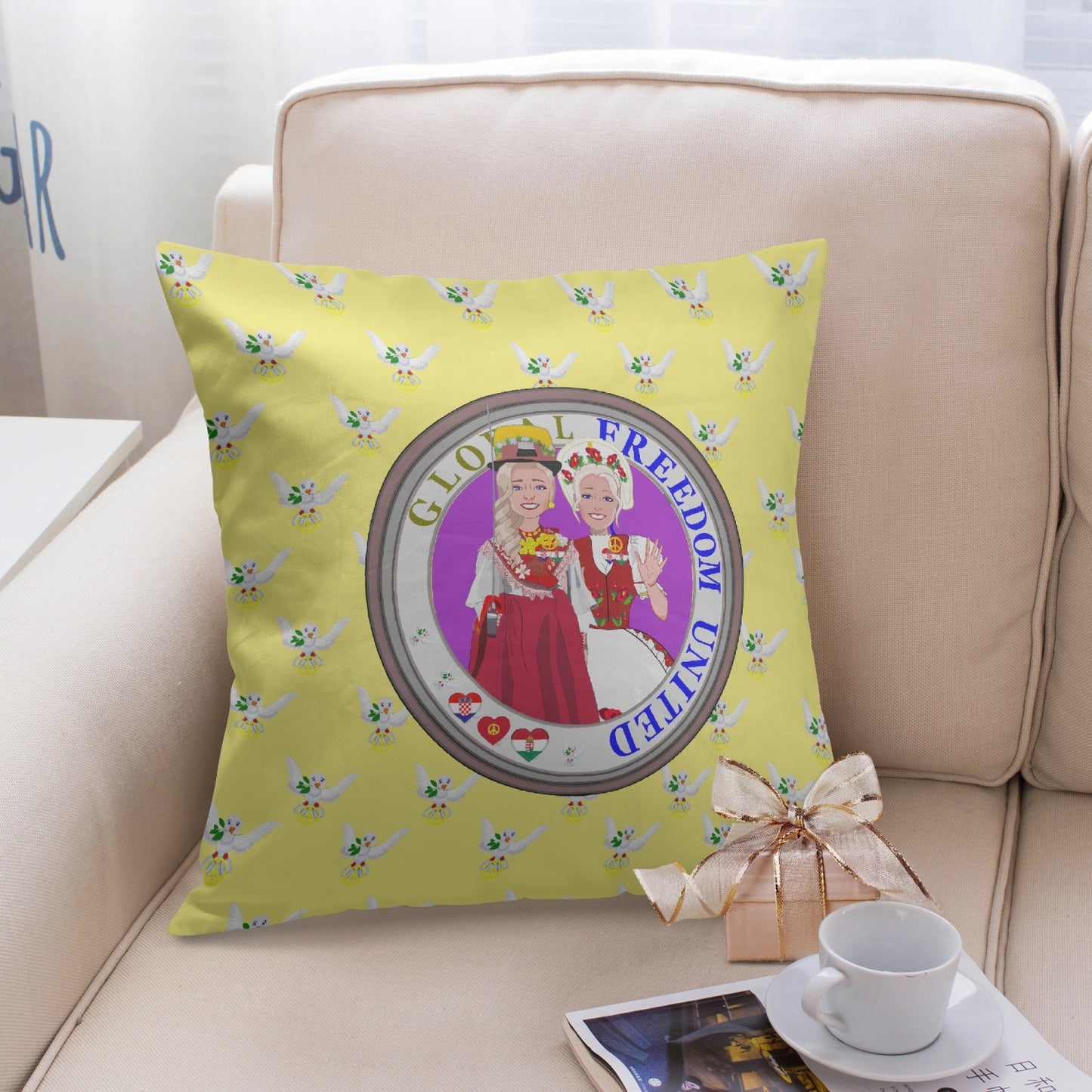 GLOBAL FREEDOM UNITED© Women CROATIA & HUNGARY YELLOW 18'' Square Pillow Cover
