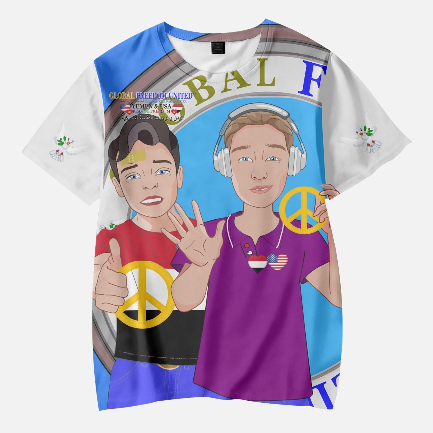 GLOBAL FREEDOM UNITED BOYS YEMEN & USA OLD PEACE BLUE AOP Kids' Short T-Shirts