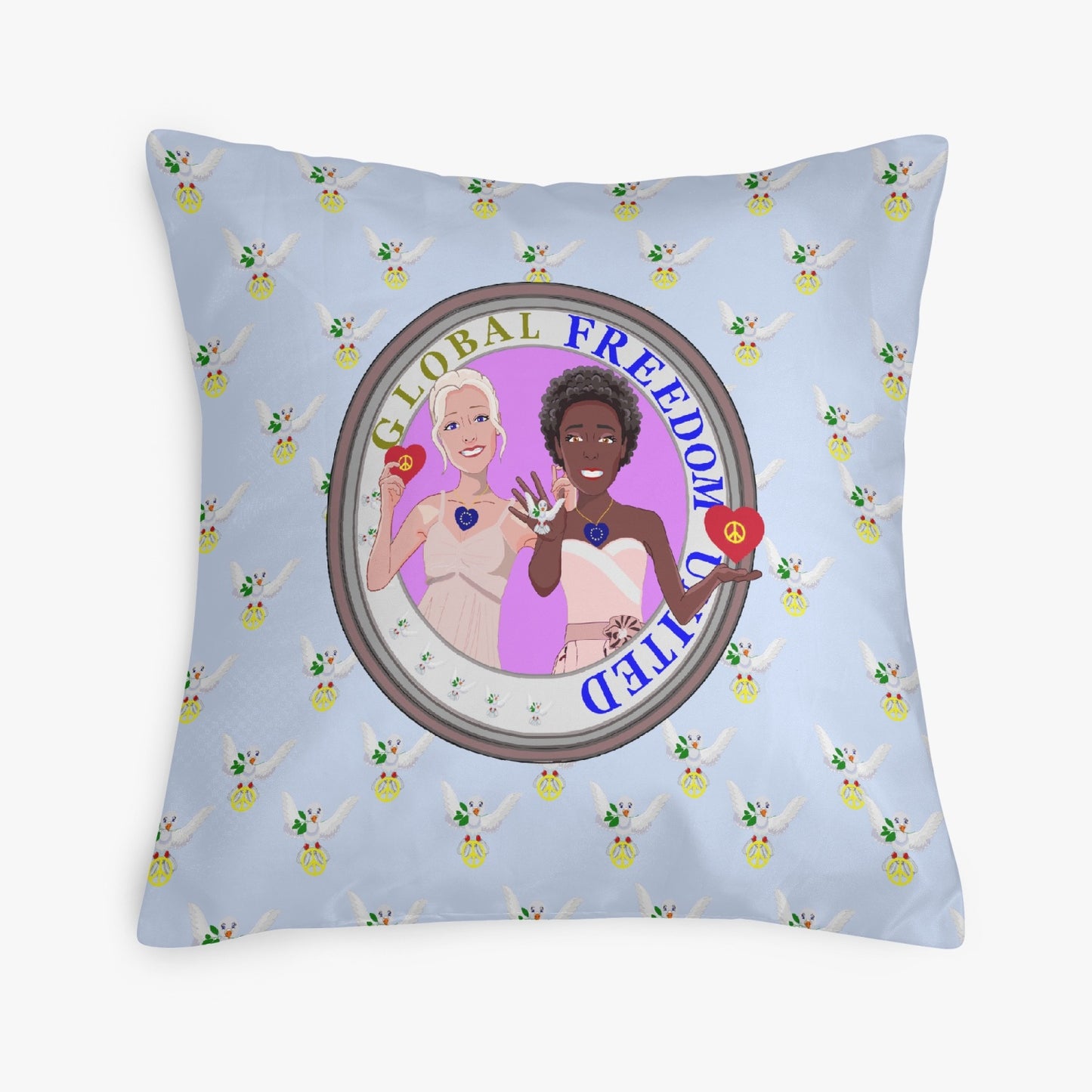 GLOBAL FREEDOM UNITED© Women Anti Fascism & Racism LIGHT BLUE EU18'' Square Pillow Cover