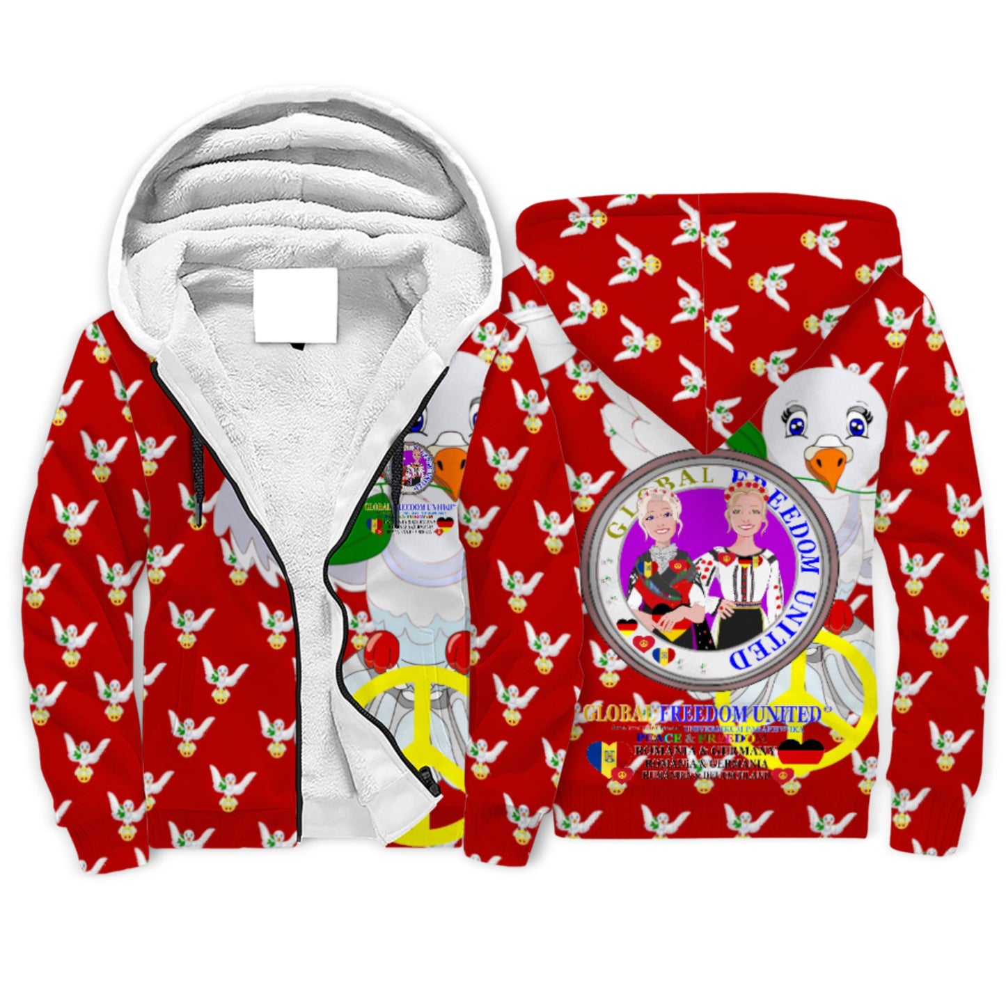 Plush Hoodie GLOBAL FREEDOM UNITED© Women Romania & Germany Red