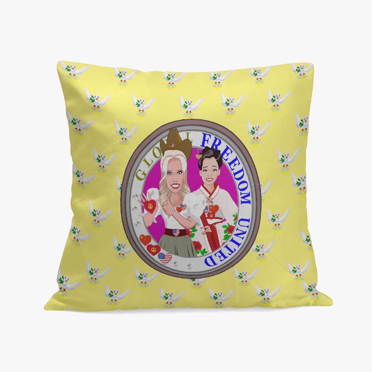 GLOBAL FREEDOM UNITED© Women CHINA & USA Yellow 18'' Square Pillow Cover