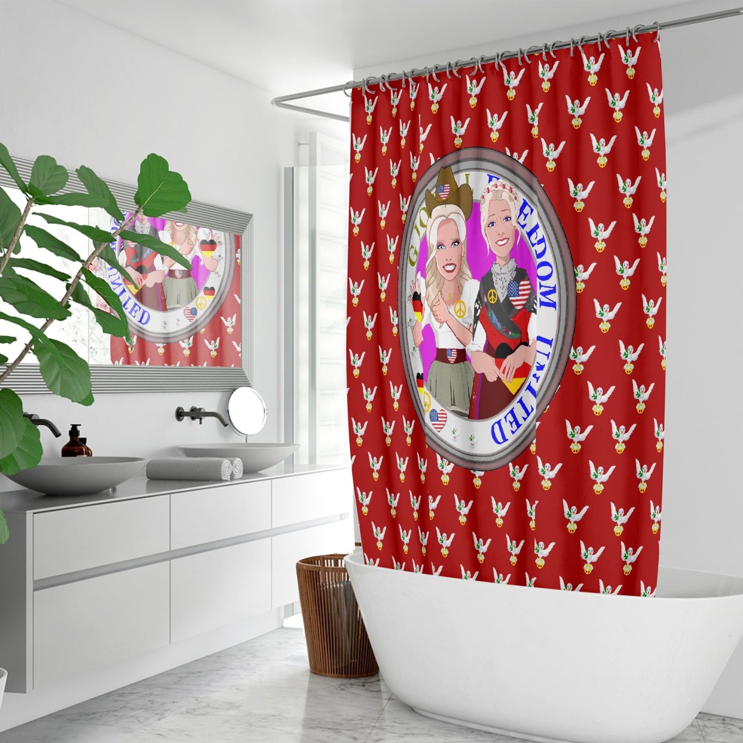 SHOWER CURTAIN GLOBAL FREEDOM UNITED WOMEN GERMANY & USA OLD PEACE RED