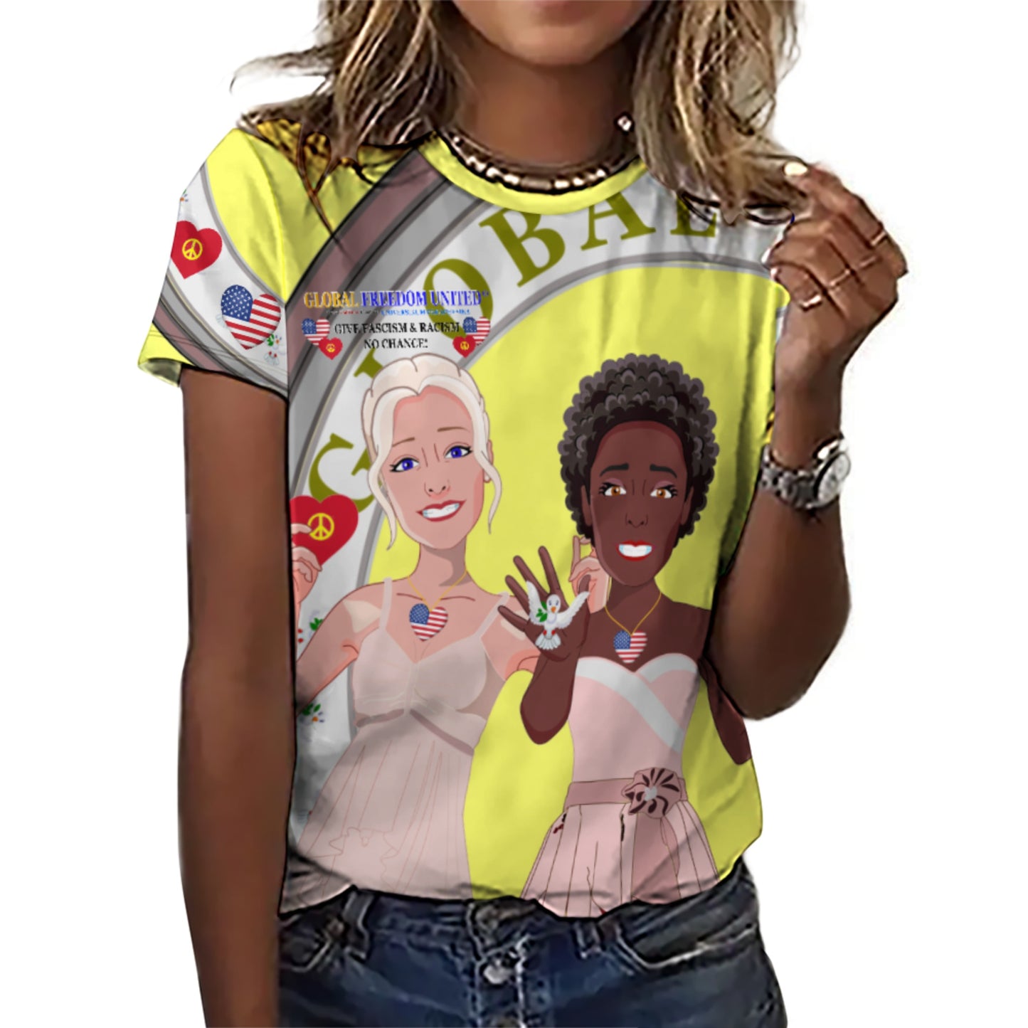 Women´s T-Shirt 3 GLOBAL FREEDOM UNITED© Women Anti Fascism & Racism USA Yellow