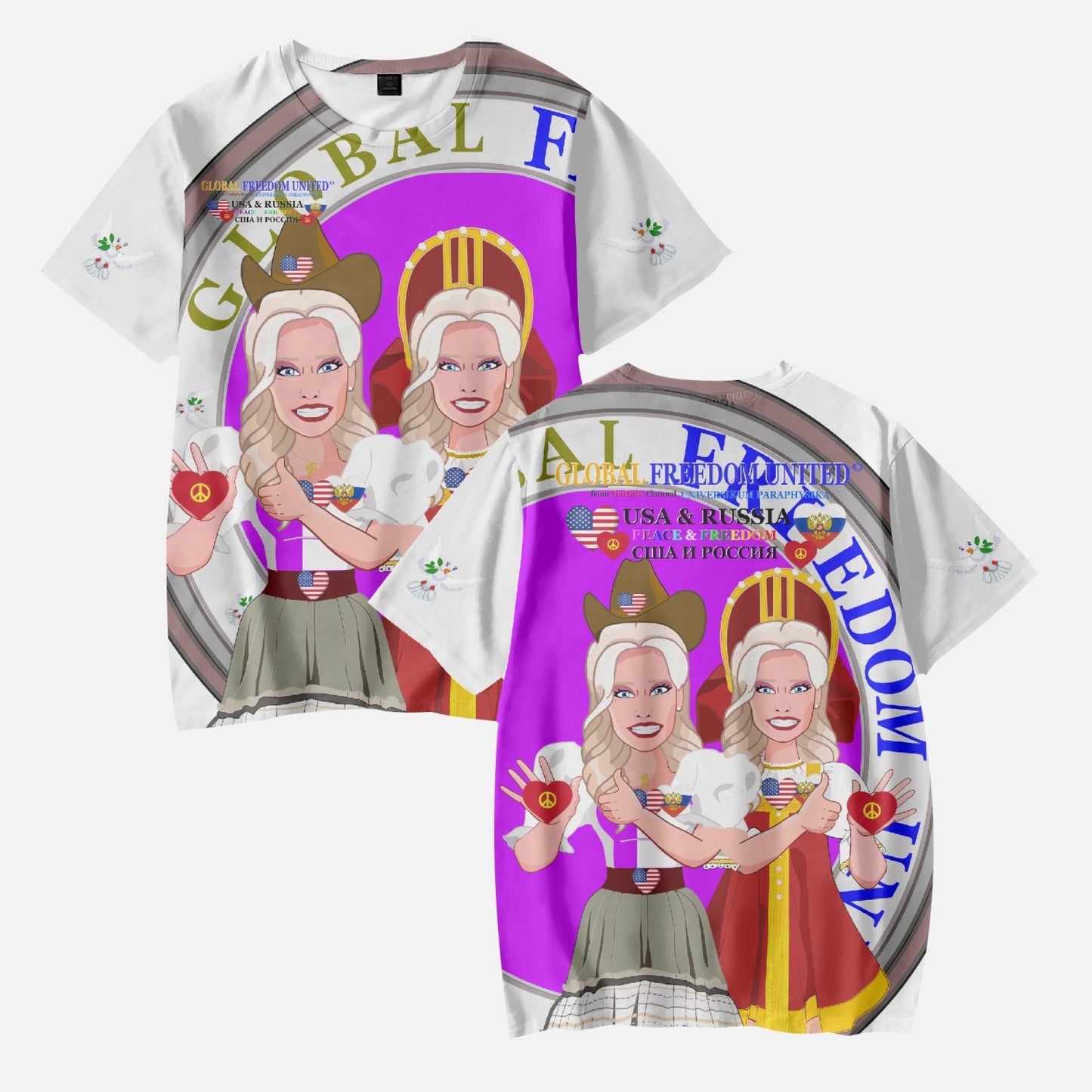 GLOBAL FREEDOM UNITED GIRLS USA & RUSSIA OLD PEACE WIGHT AOP Kids' Short T-Shirts