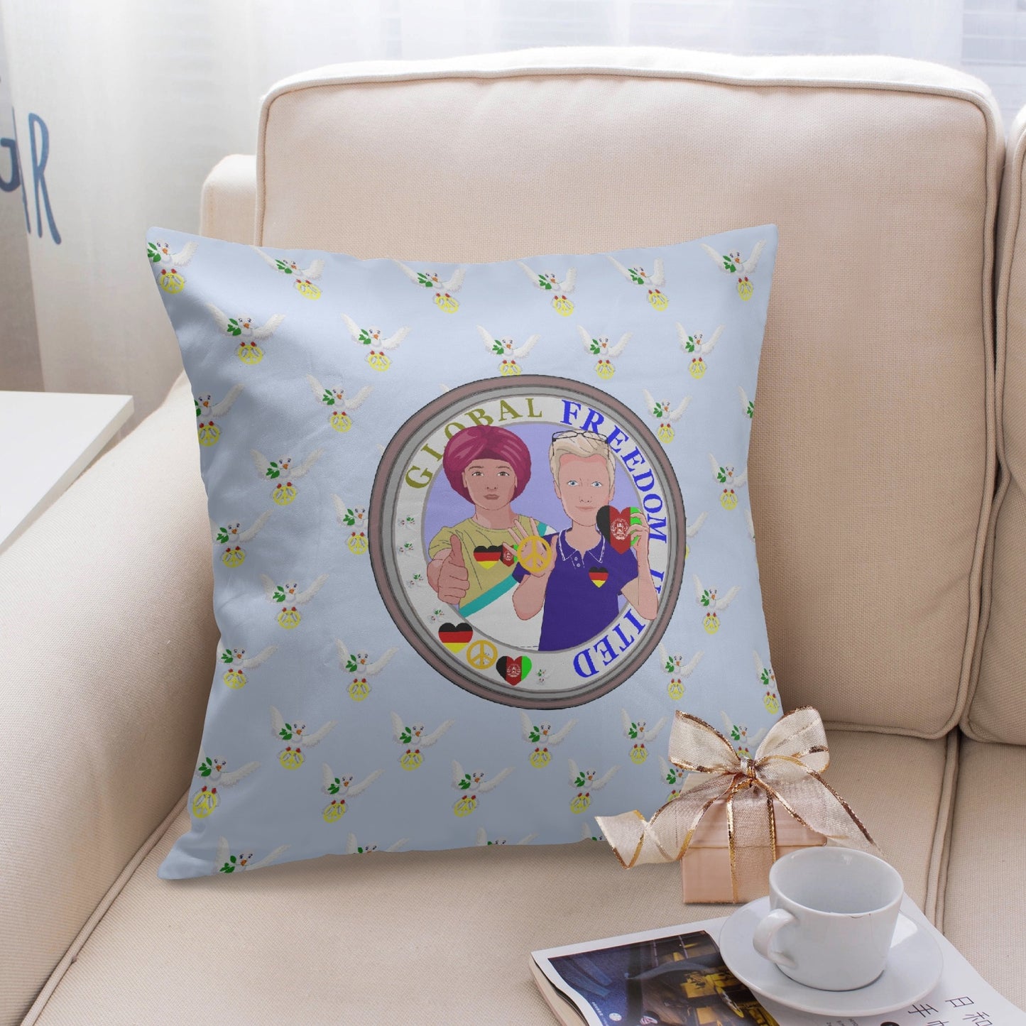 GLOBAL FREEDOM UNITED© Men AFGHANISTAN & GERMANY LIGHT BLUE 18'' Square Pillow Cover
