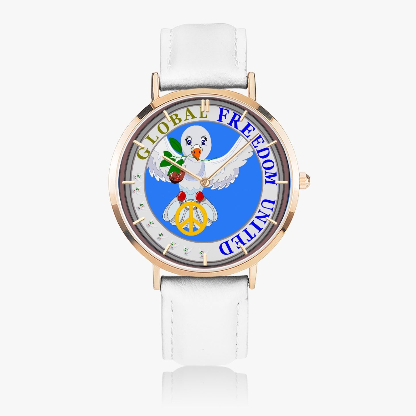GLOBAL FREEDOM UNITED© Hot Selling Ultra-Thin Leather Strap Quartz Watch (Rose Gold With Indicators) DOVE OF PEACE  BLUE WITH PIPE