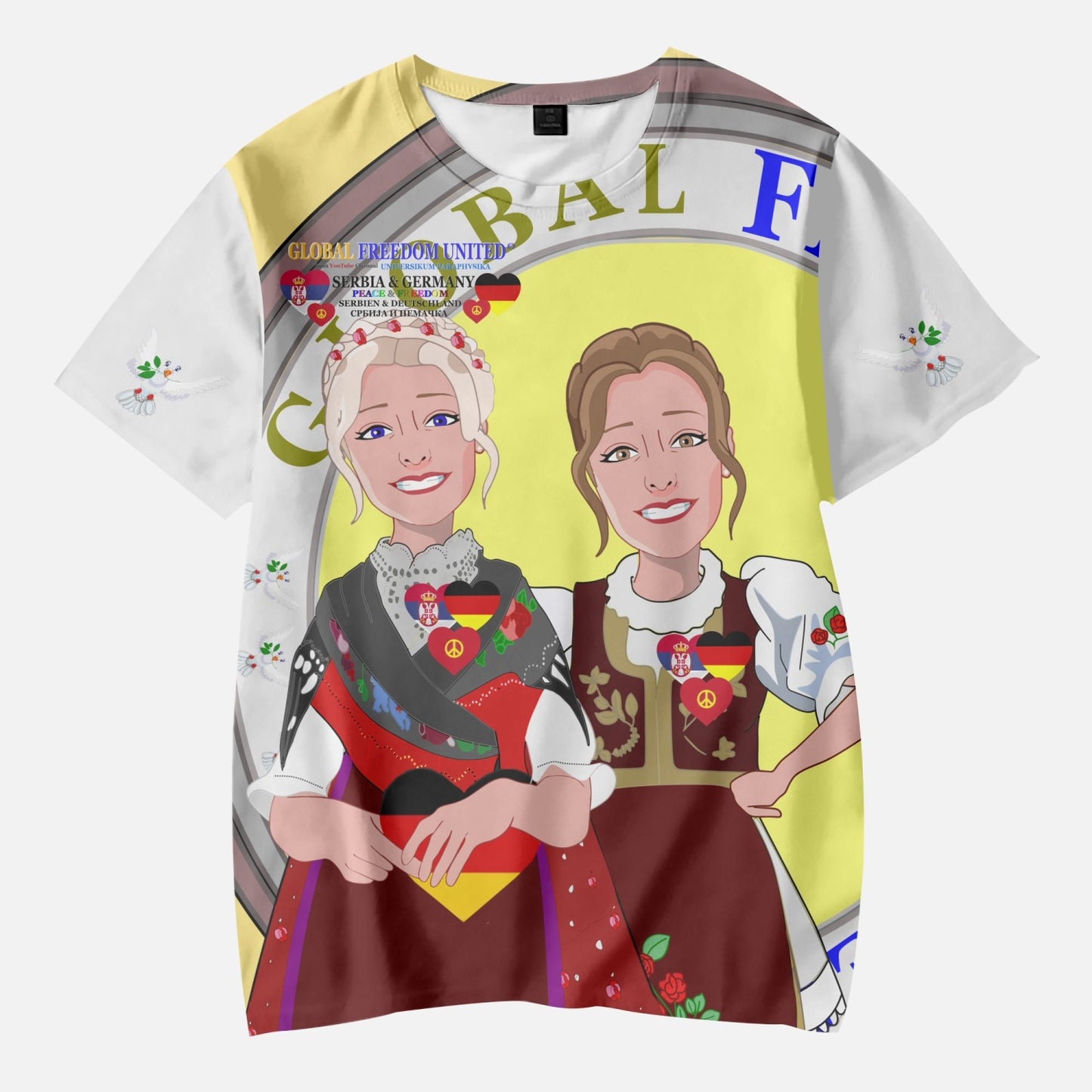 GLOBAL FREEDOM UNITED© GIRLS SERBIA & GERMANY OLD PEACE YELLOW AOP Kids' Short T-Shirts