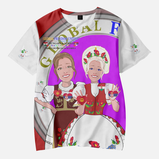 GLOBAL FREEDOM UNITED GIRLS SERBIA & HUNGARIE OLD PEACE RED AOP Kids' Short T-Shirts